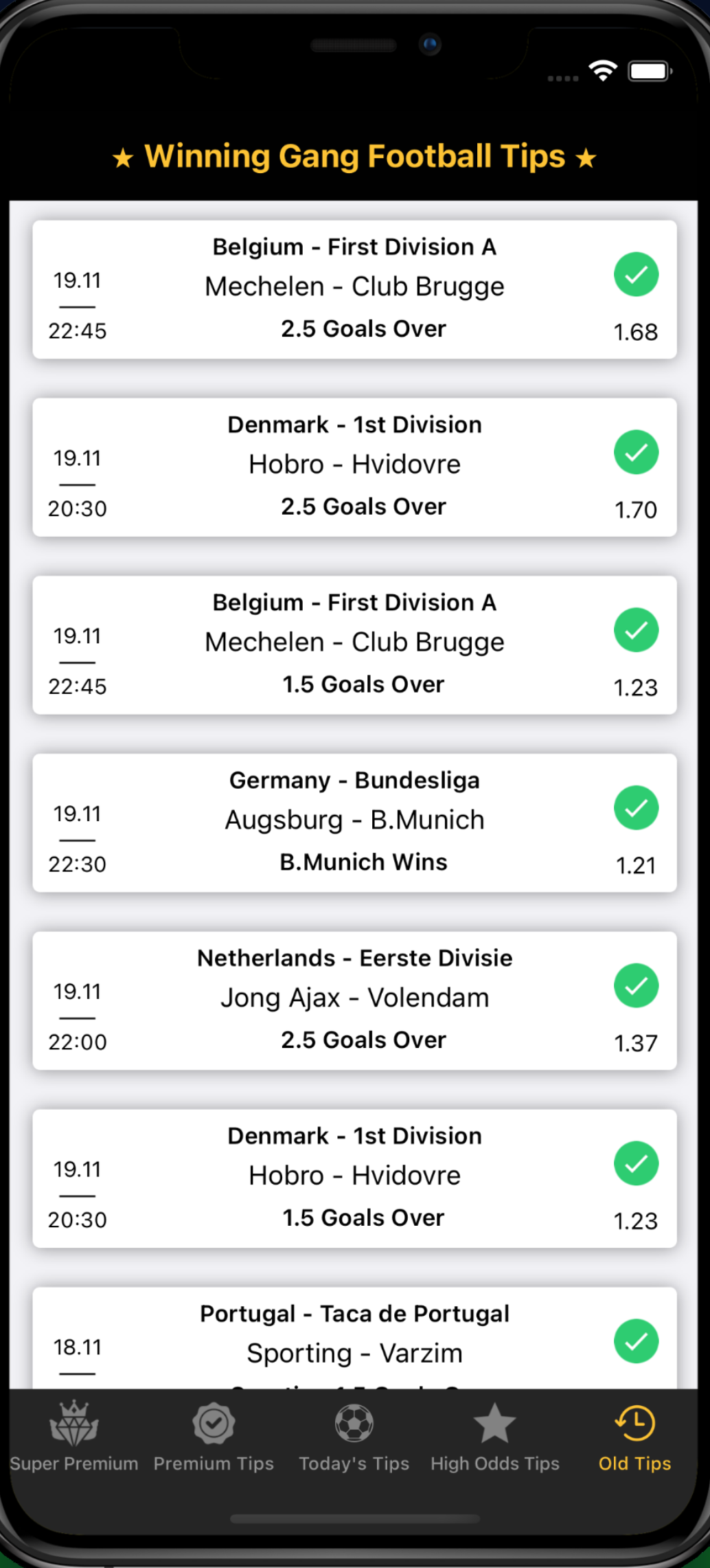 Winning Gang app showing daily reliable football betting tips with odds and results