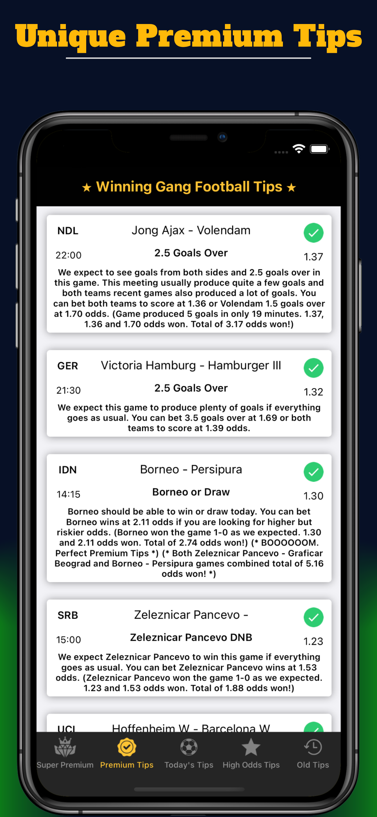 Premium football tips with expert reasoning for each prediction in the Winning Gang app